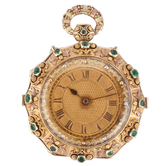 Swiss gold, emerald, granulation decorated pocket watch Circa 1830 Swiss gold, emerald, granulation decorated pocket watch Circa 1830