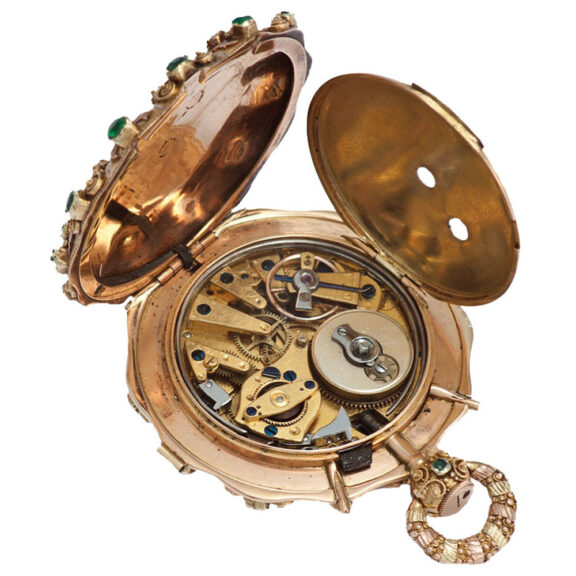 Swiss gold, emerald, granulation decorated pocket watch Circa 1830 Swiss gold, emerald, granulation decorated pocket watch Circa 1830