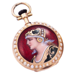 Swiss 18K pink gold and enamel keyless pendant watch Circa 1890