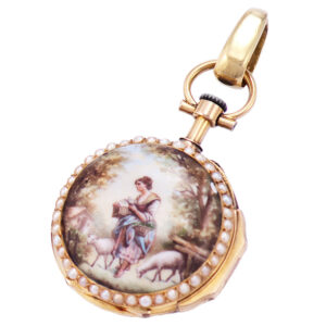 Swiss gold, enamel and pearl pendant watch Circa 1900