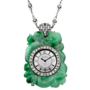 Swiss platinum, Jade and diamond-set pendant watch Circa 1930
