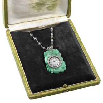 Swiss platinum, Jade and diamond-set pendant watch Circa 1930