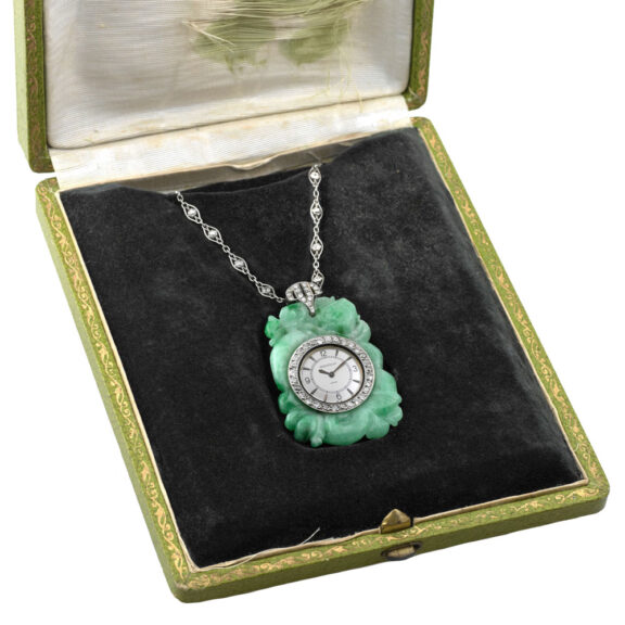 Swiss platinum, Jade and diamond-set pendant watch Circa 1930 Swiss platinum, Jade and diamond-set pendant watch Circa 1930