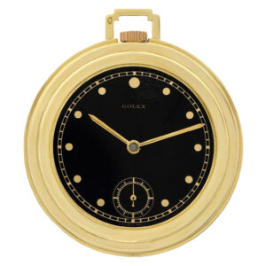 Swiss 18k gold keyless pocket watch with black dial Circa 1940