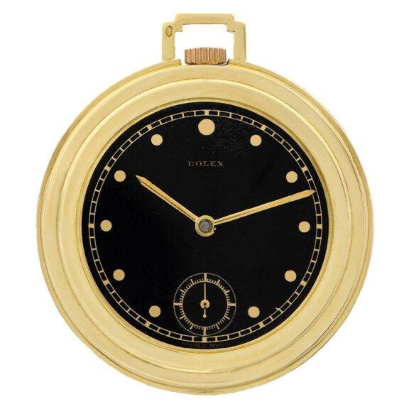 Swiss 18k gold keyless pocket watch with black dial Circa 1940