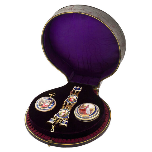 Swiss gold watch with chatelaine and snuff box Circa 1800 Swiss gold watch with chatelaine and snuff box Circa 1800