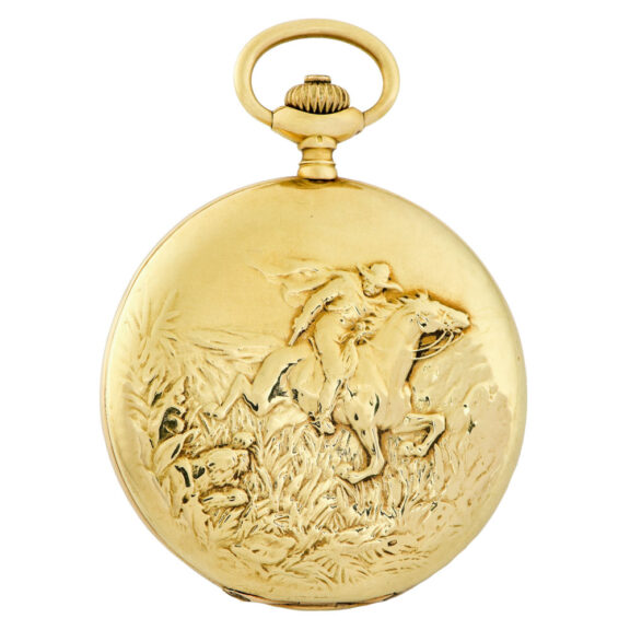 Swiss gold hunter with high-relief decorated cover Circa 1915