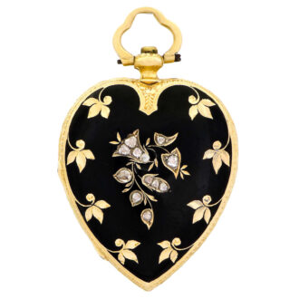 Swiss gold, enamel and diamond heart-shaped pendant watch Circa 1850