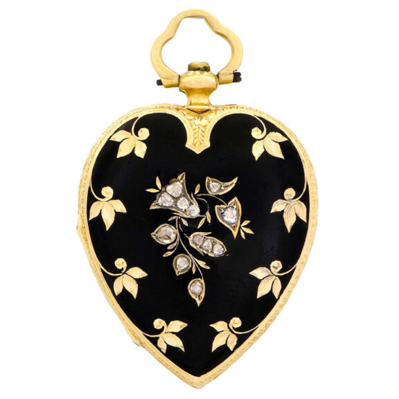 Swiss gold, enamel and diamond heart-shaped pendant watch Circa 1850