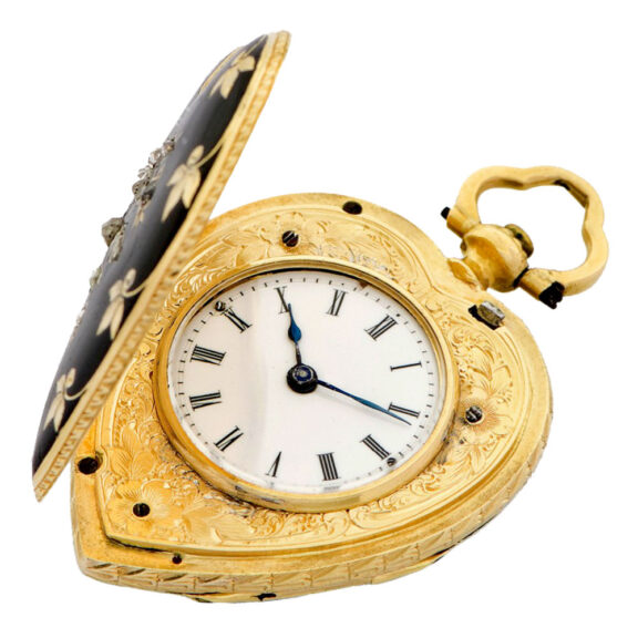 Swiss gold, enamel and diamond heart-shaped pendant watch Circa 1850 Swiss gold, enamel and diamond heart-shaped pendant watch Circa 1850