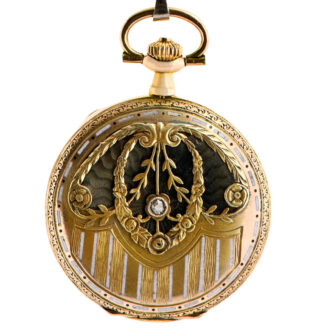 Swiss gold, enamel and diamond watch with long chain Circa 1910
