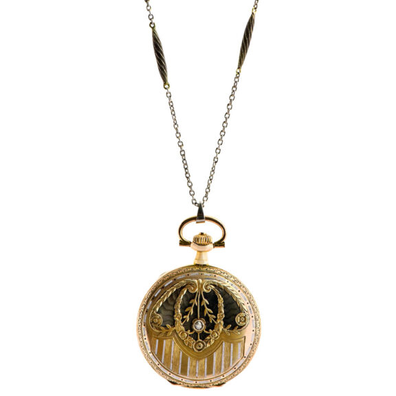 Swiss gold, enamel and diamond watch with long chain Circa 1910 Swiss gold, enamel and diamond watch with long chain Circa 1910