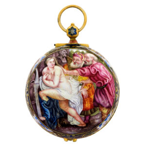 Swiss gold pendant watch decorated with enamel scene Circa 1690