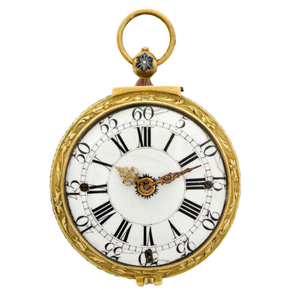 Swiss gold pendant watch decorated with enamel scene Circa 1690 Swiss gold pendant watch decorated with enamel scene Circa 1690