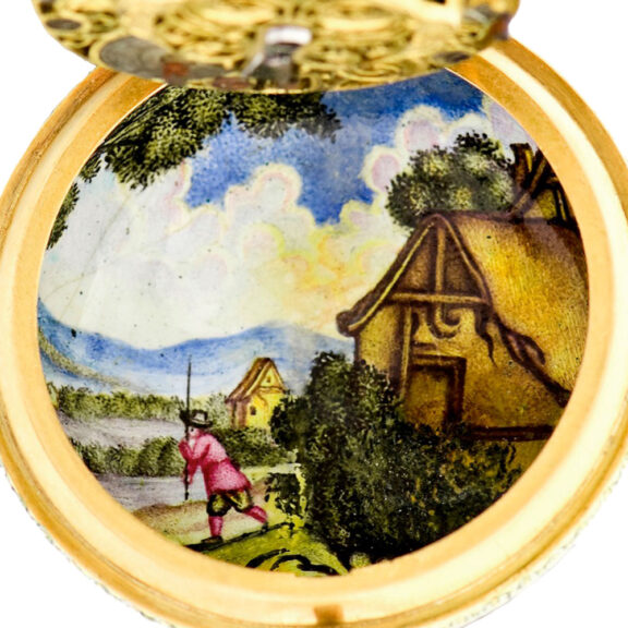 Swiss gold pendant watch decorated with enamel scene Circa 1690 Swiss gold pendant watch decorated with enamel scene Circa 1690