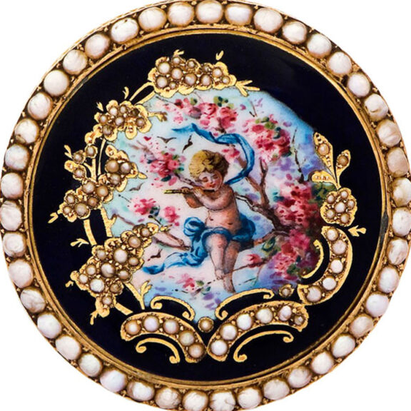 Swiss gold verge with enamel cupid's seranade scene Circa 1810 Swiss gold verge with enamel cupid's seranade scene Circa 1810