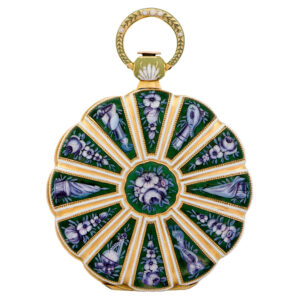 A very fine Swiss 18K gold and painted-on enamel pocket watch, circa 1820. Accompanied by a fitted wooden box. made for the Turkish market. A lobed case with twelve segments decorated with en grisaille painted on enamel flowers and trophies on a translucent red guilloche enamel ground, the bezel decorated to match, pendant and bow with pale green and white champleve enamel decoration. White enamel dial with radial Roman numerals, outer minute track and gold fancy hands. A rhodium-plated movement, 15 jewels, lateral lever escapement, notched bimetallic compensation balance, flat balance spring, and an index regulator.