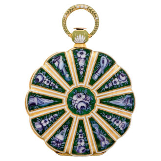 A very fine Swiss 18K gold and painted-on enamel pocket watch, circa 1820. Accompanied by a fitted wooden box. made for the Turkish market. A lobed case with twelve segments decorated with en grisaille painted on enamel flowers and trophies on a translucent red guilloche enamel ground, the bezel decorated to match, pendant and bow with pale green and white champleve enamel decoration. White enamel dial with radial Roman numerals, outer minute track and gold fancy hands. A rhodium-plated movement, 15 jewels, lateral lever escapement, notched bimetallic compensation balance, flat balance spring, and an index regulator.