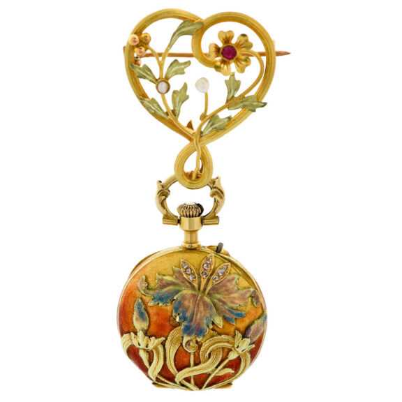 Swiss gold and enamel Art Nouveau brooch watch Circa 1900