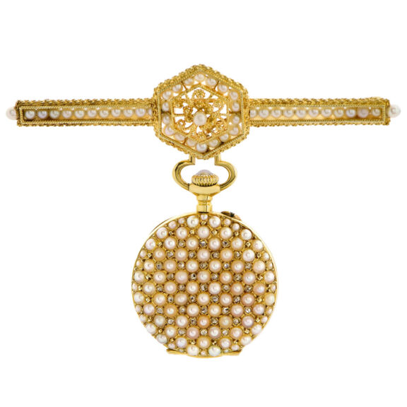 Swiss gold, pearl and diamond pendant watch Circa 1900
