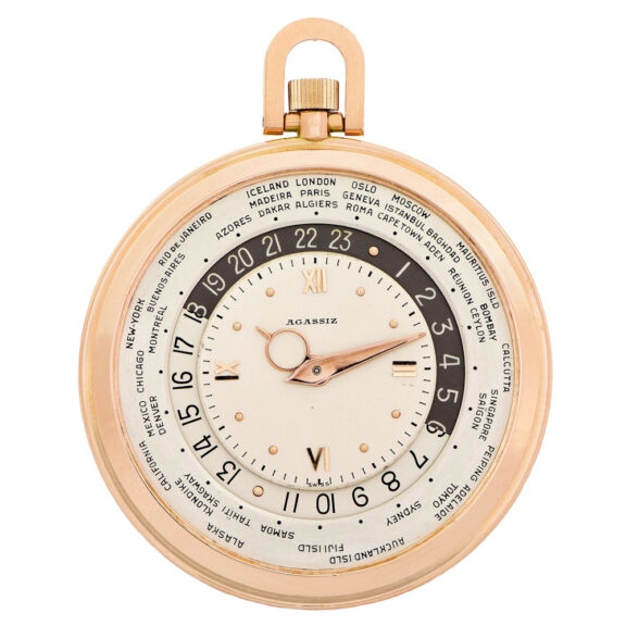 Rare Swiss 14K pink gold world-time dress watch Circa 1950