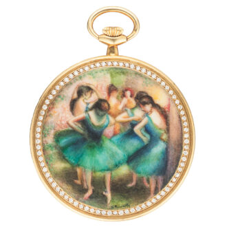 Magnificent Swiss gold dress watch with enamel scene Circa 1980