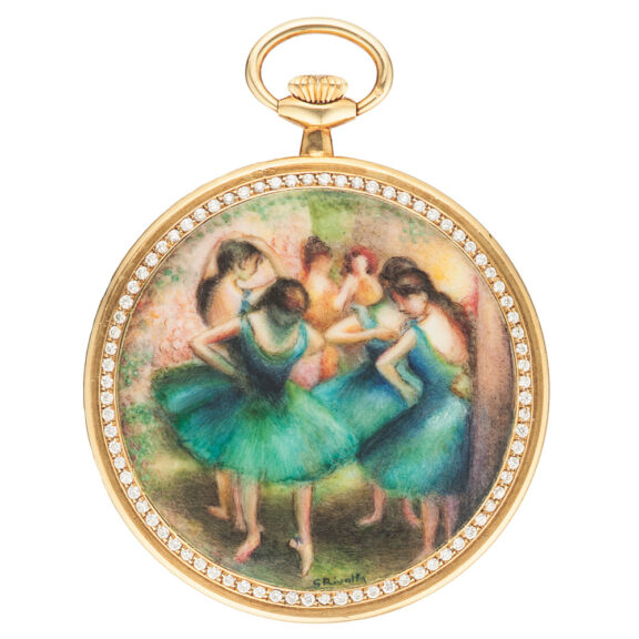 Magnificent Swiss gold dress watch with enamel scene Circa 1980