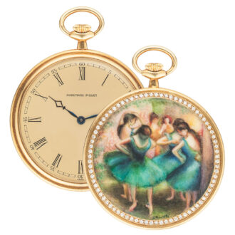 Magnificent Swiss gold dress watch with enamel scene Circa 1980