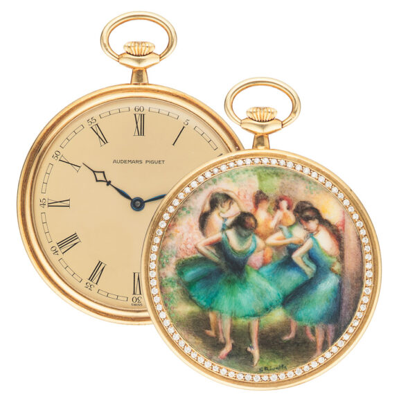 Magnificent Swiss gold dress watch with enamel scene Circa 1980 Magnificent Swiss gold dress watch with enamel scene Circa 1980