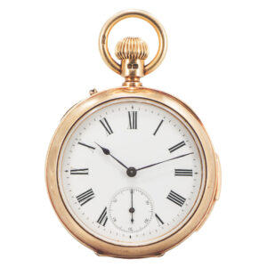 Swiss yellow gold quarter repeating keyless pocket watch Circa 1900
