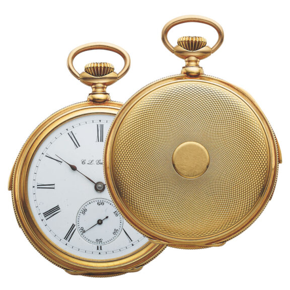 Swiss yellow gold minute repeating keyless pocket watch Circa 1900