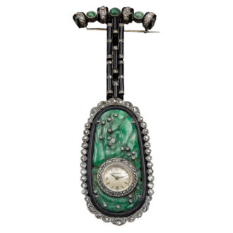 Swiss white gold, jade, diamond and onyx lapel watch Circa 1960