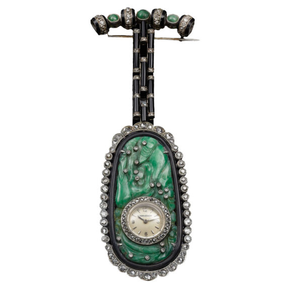 Swiss white gold, jade, diamond and onyx lapel watch Circa 1960