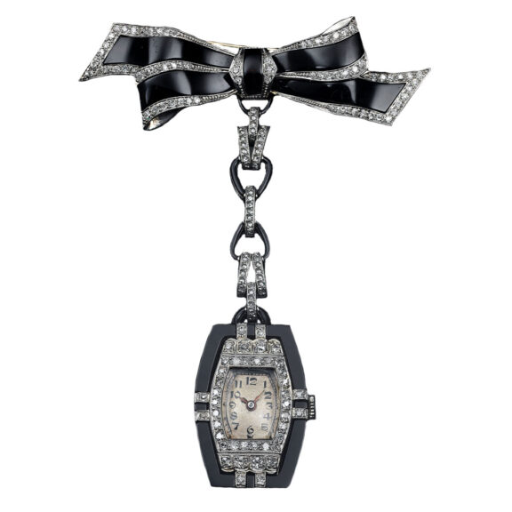 Swiss white gold Art-deco tonneau-shaped brooch watch Circa 1925