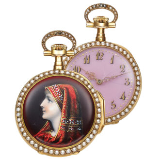 Swiss gold, pearls and enamel lady's pendant watch Circa 1889