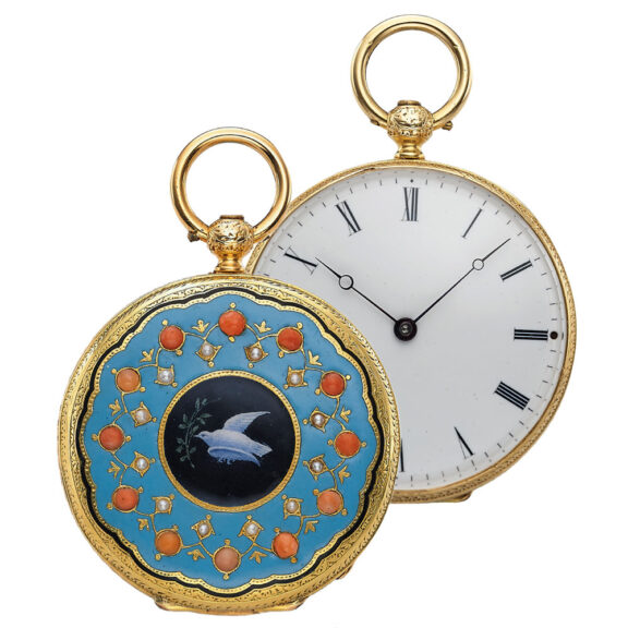 Swiss gold, enamel, coral and pearl-set pendant watch Circa 1865