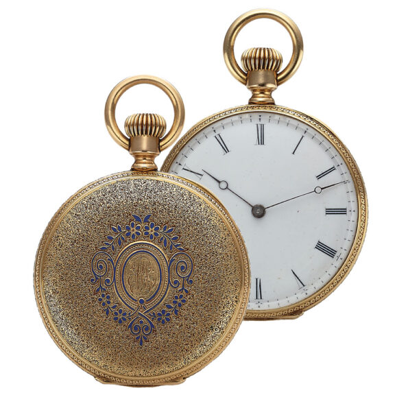 Swiss gold and enamel florally engraved pendant watch Circa 1875