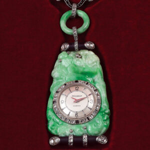 Swiss white gold, jade, diamond and onyx pendant watch Circa 1960