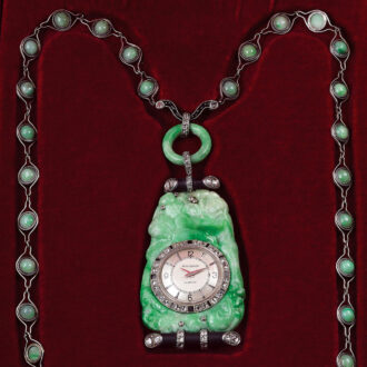 Swiss white gold, jade, diamond and onyx pendant watch Circa 1960