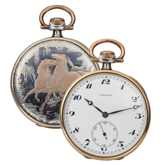 Swiss silver, niëllo watch decorated with gold horses Circa 1930