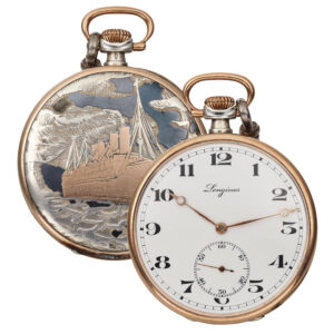 Swiss silver, niëllo watch decorated with gold steamship Circa 1930