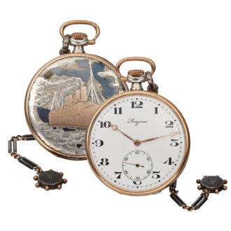 Swiss silver, niëllo watch decorated with gold steamship Circa 1930
