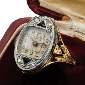 Swiss gold, platinum, diamond and sapphire ring watch Circa 1940
