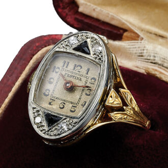 Swiss gold, platinum, diamond and sapphire ring watch Circa 1940