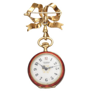 Elegant Swiss gold, enamel and diamond lapel watch Circa 1895