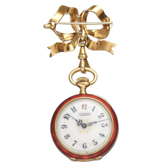 Elegant Swiss gold, enamel and diamond lapel watch Circa 1895
