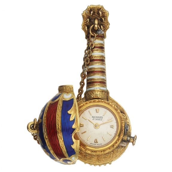 Swiss gold and enamel mandolin form watch Circa 1970 Swiss gold and enamel mandolin form watch Circa 1970