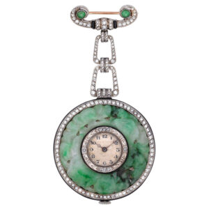 Swiss platinum, jade, diamond set pendant watch Circa 1920