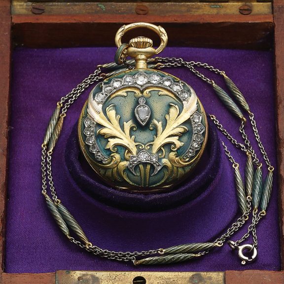 Swiss gold, enamel and diamond lady's pocket watch Circa 1900