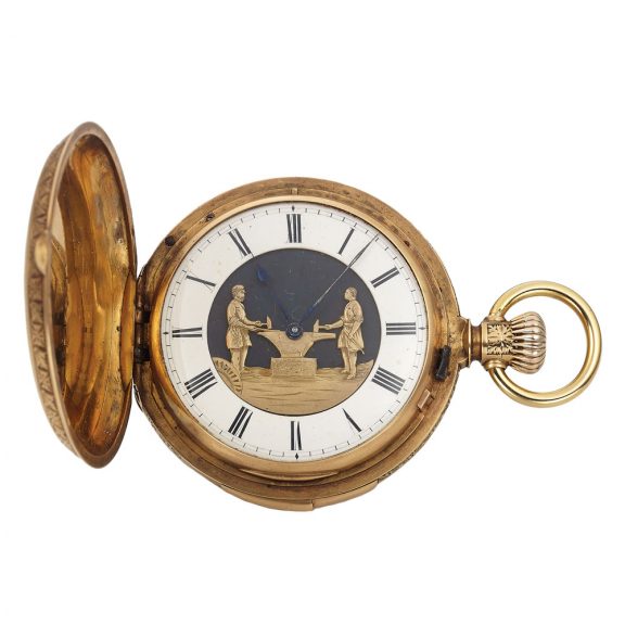 Swiss 18k gold quarter repeating automaton watch Circa 1900